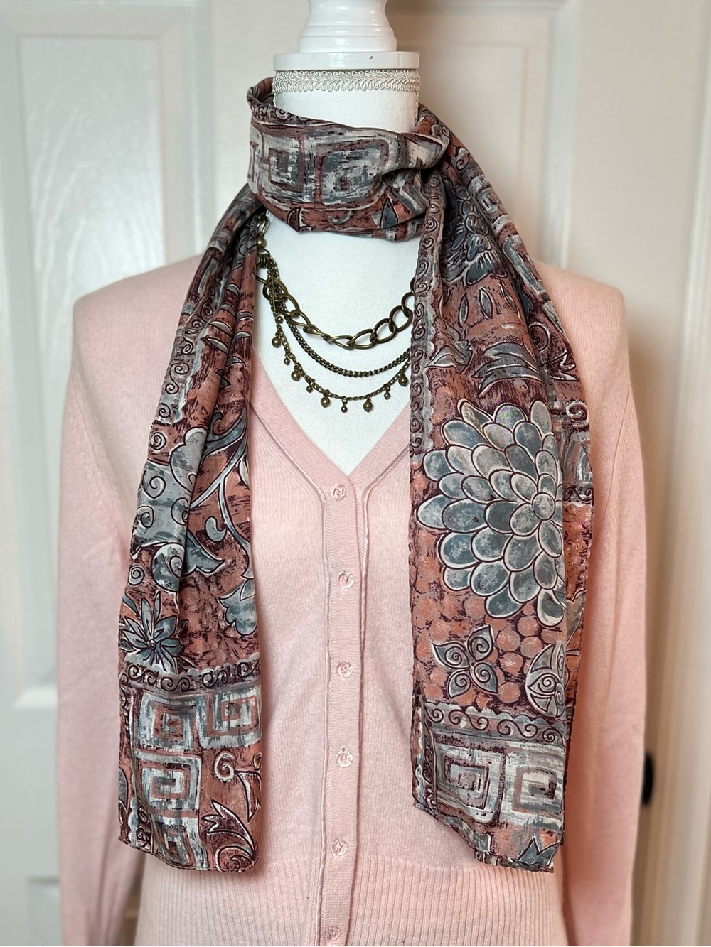 100% Silk Boho Floral & Geometric Long Scarf Salmon Pink & Light Teal Blue 🌸🩵